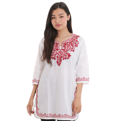 White-Red Kashmiri Embroidered Floral Design Cotton Kurtha Tops For Women